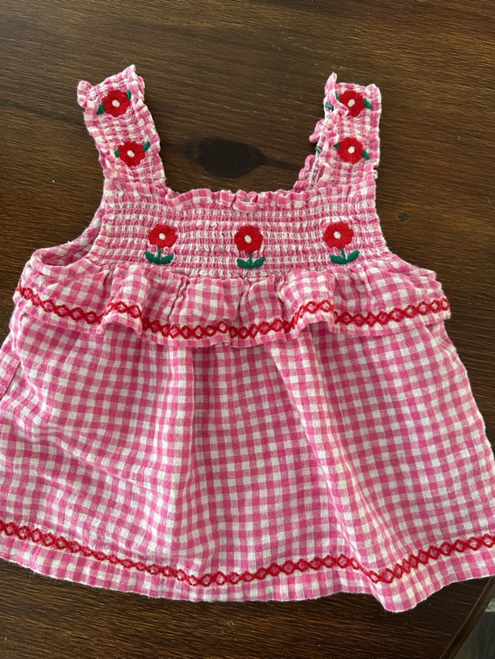 Mini Boden Pink Gingham Sleeveless Top with Red Flower Embroidery